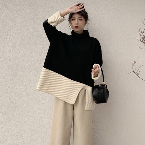 Turtleneck Sweater Women Patchwork Warm Knitted Korean Style Vintage Simple All-match Student Loose Side Split Street Wear Ins alx