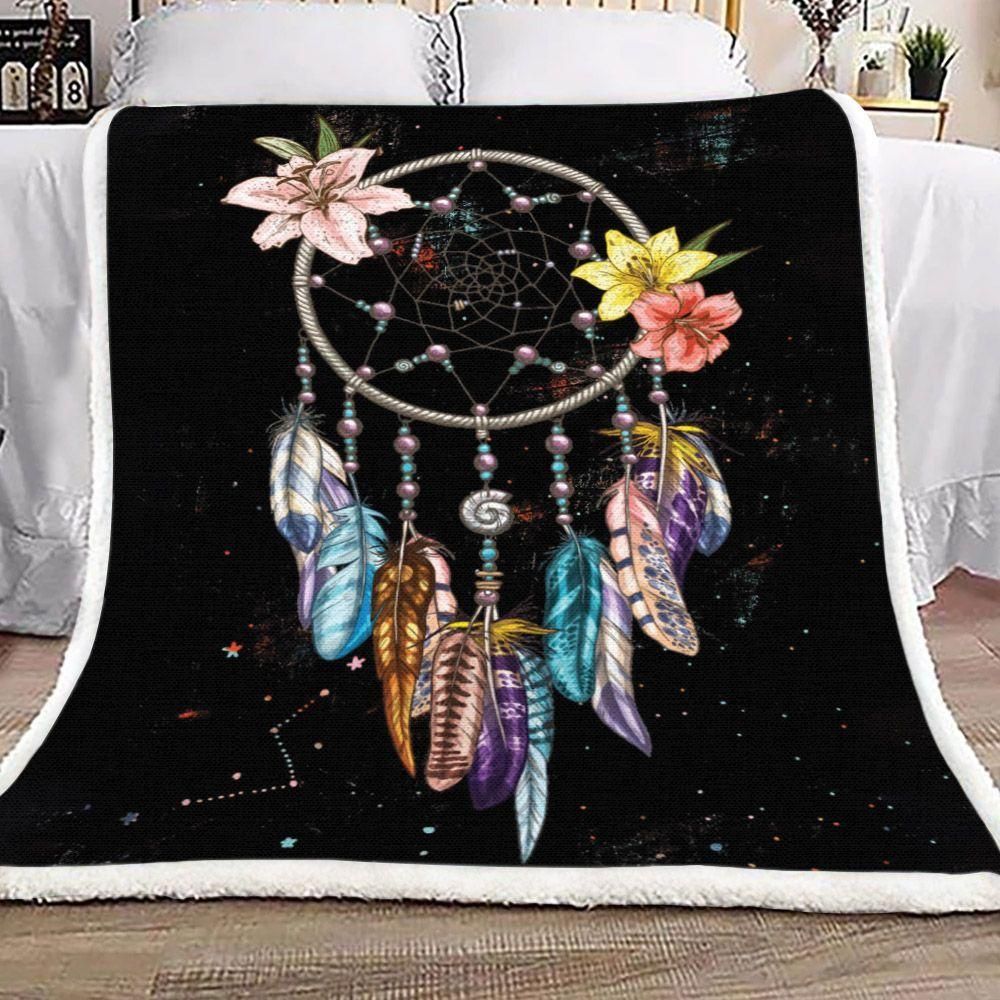 Beautiful Dreamcatcher Flowers Black Pattern Fleece Blanket, Sherpa Blanket, Gift For Parent, Family Member, Friends Gift, Christmas Gift, Home Decor, Home Living