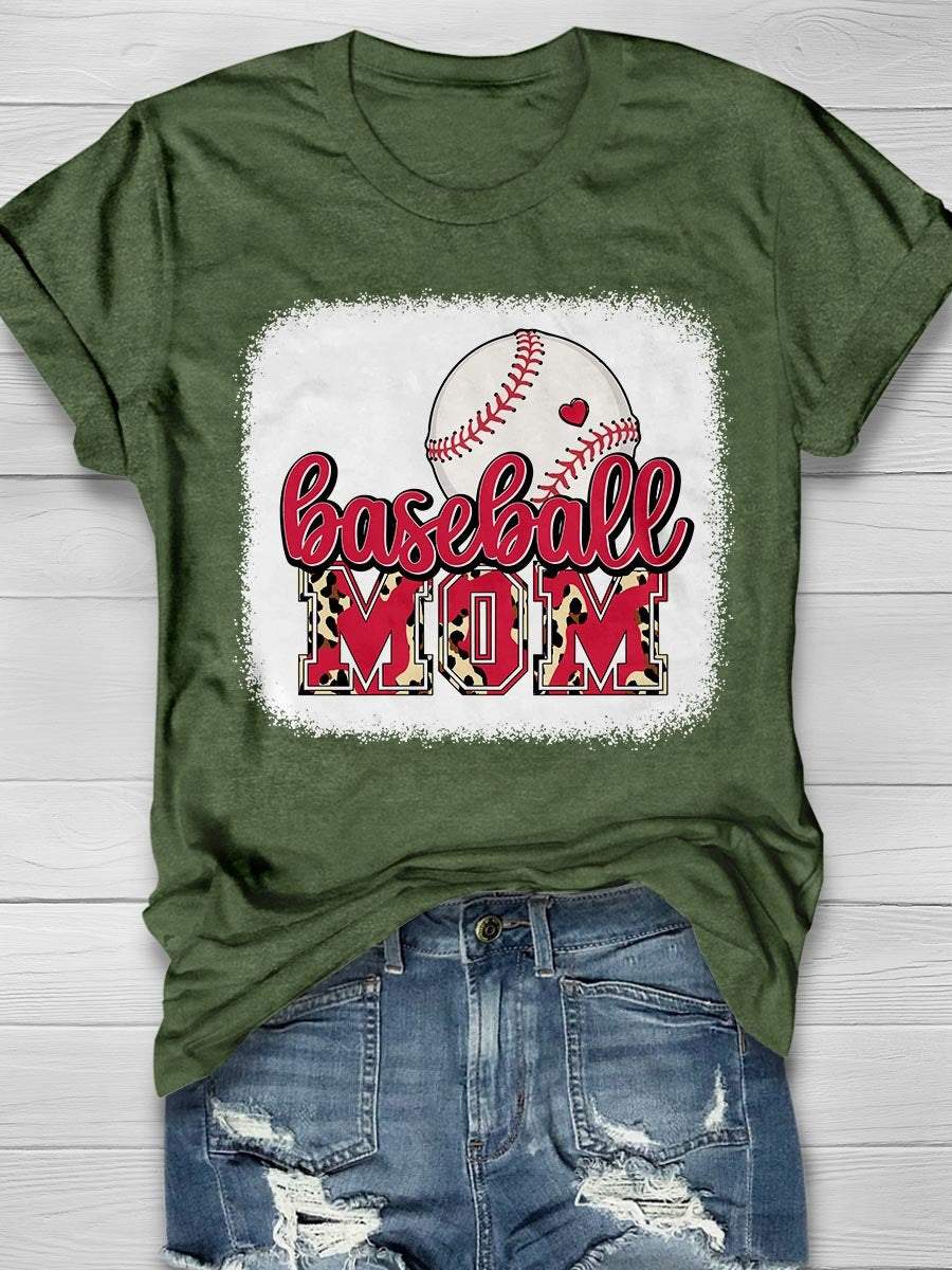 Baseball Mama Leopard Red Letters  Print Short Sleeve T-Shirt