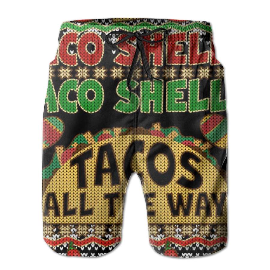 2 Pack Christmas Tacos All The Way Ugly Sweater Poster Men Swim Trunks Drawstring Elastic Waist Quick Dry Beach Shorts with Mesh Lining Swimwear Bathing Suits