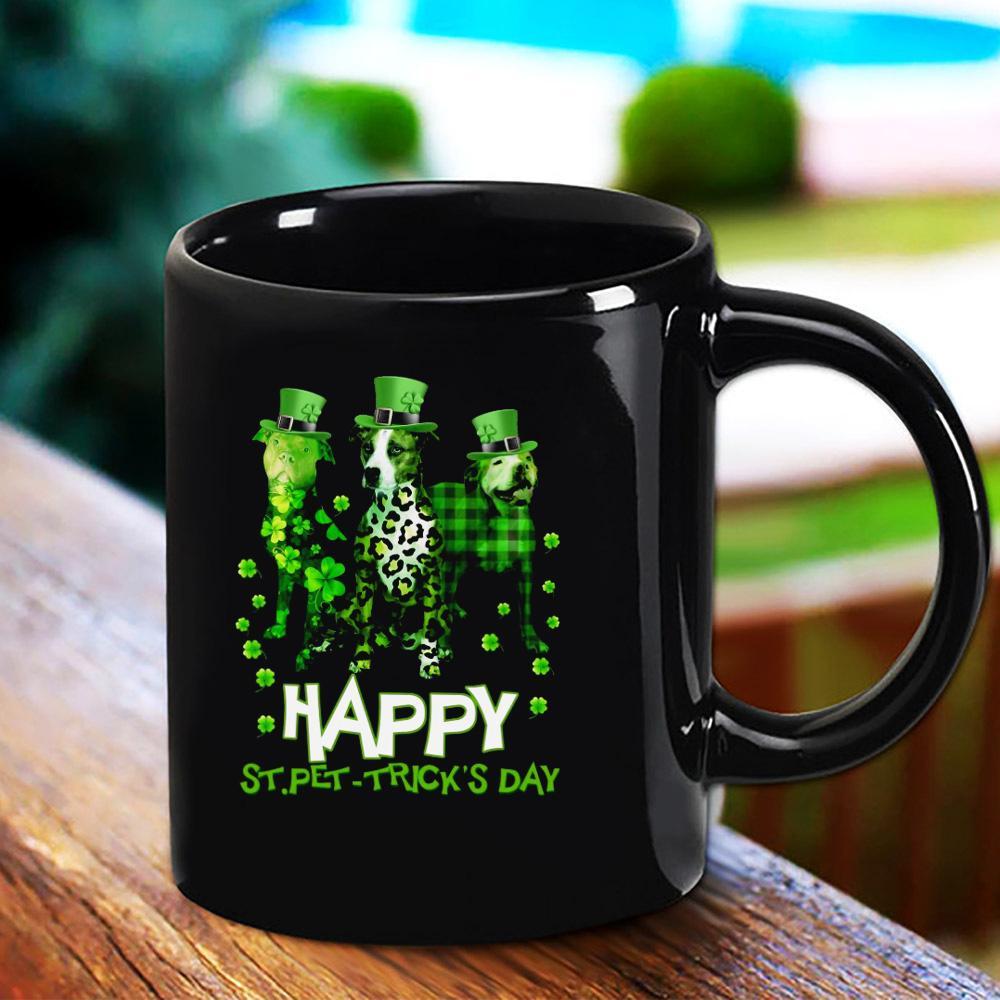 Pitbull Green Shamrocks Leopard And Buffalo Plaid Happy St Pet Tricks Day Best Gift Black Mug Ceramic 11Oz 15Oz Coffee Tea Cup