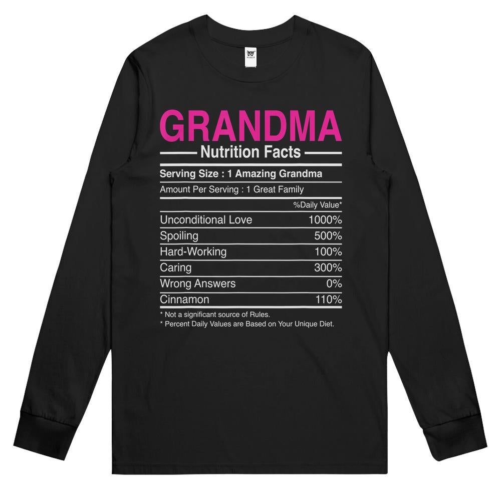 Nutritional Facts Shirt, Nutrition Facts Long Sleeve T Shirts, Grandma Nutritional Facts – Funny Grandmother Nutrient Long Sleeve T Shirts