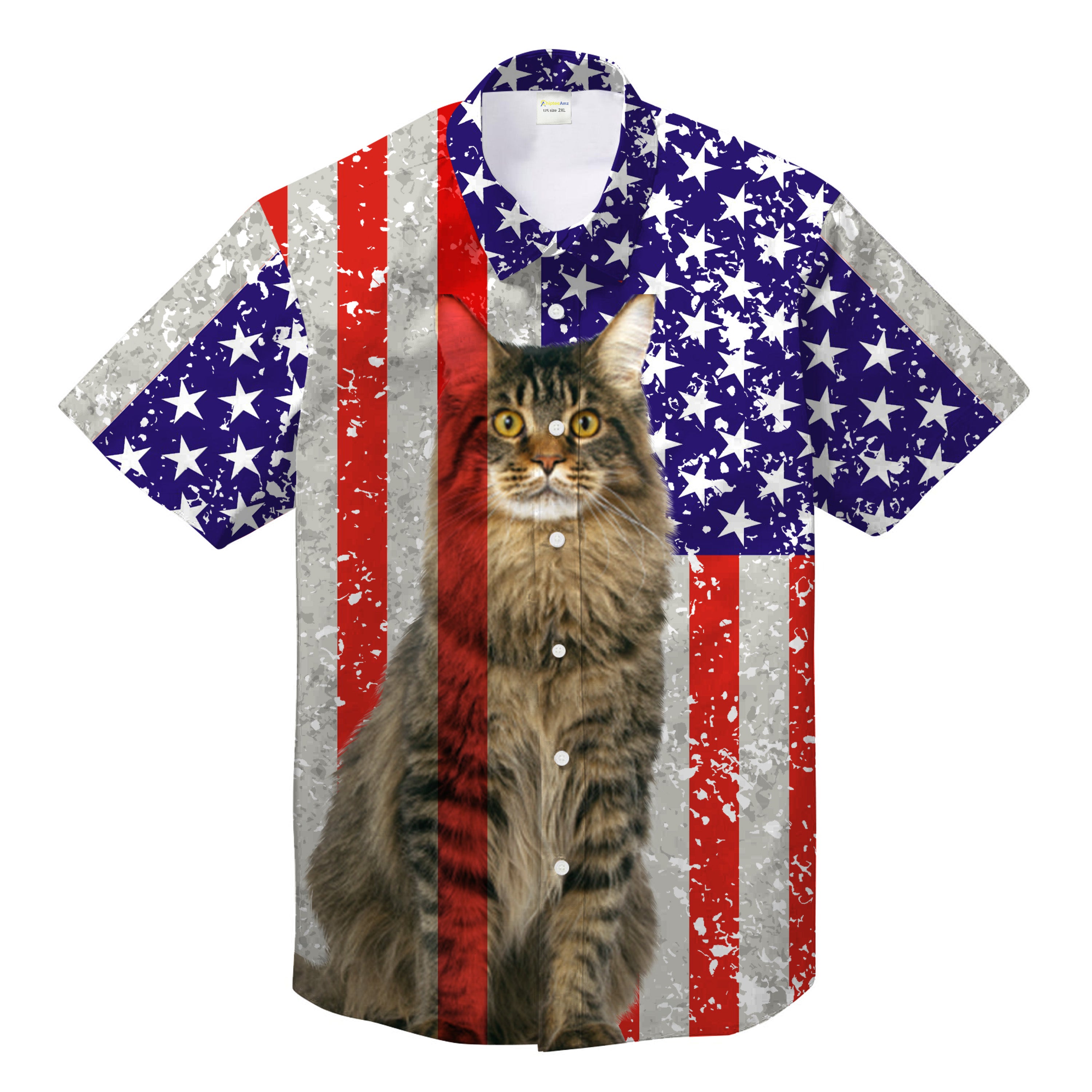 Maine Coon Cat Us Flag Thin Red Line Unisex Hawaii Shirt July Ha80273