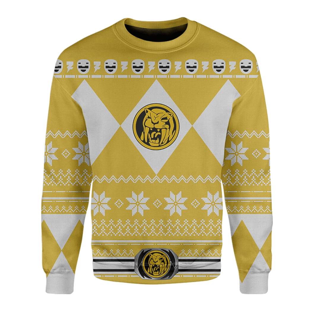 Alohazing 3D Mighty Morphin Yellow Power Rangers Ugly Christmas Custom Sweatshirt