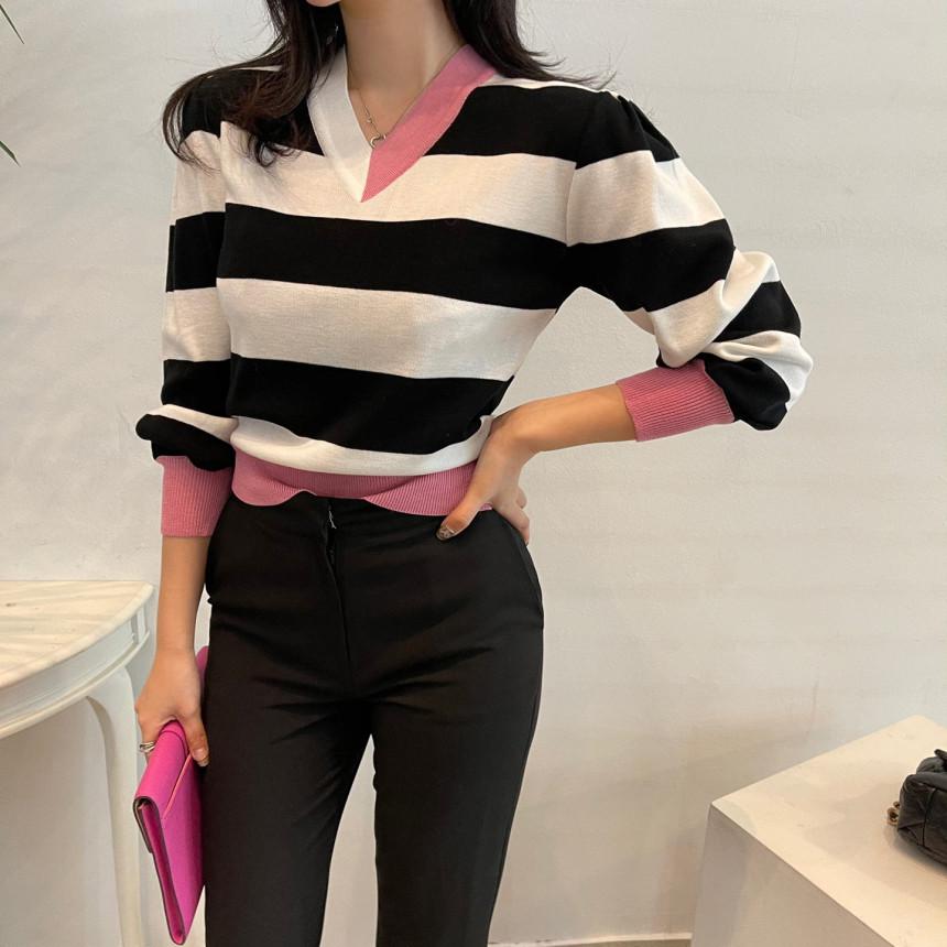 V-neck Striped Women Pullover Sweater 2021 Spring Full Sleeve Color-blocked Casual Fashion Korean Female Jumpers Tops Femme alx