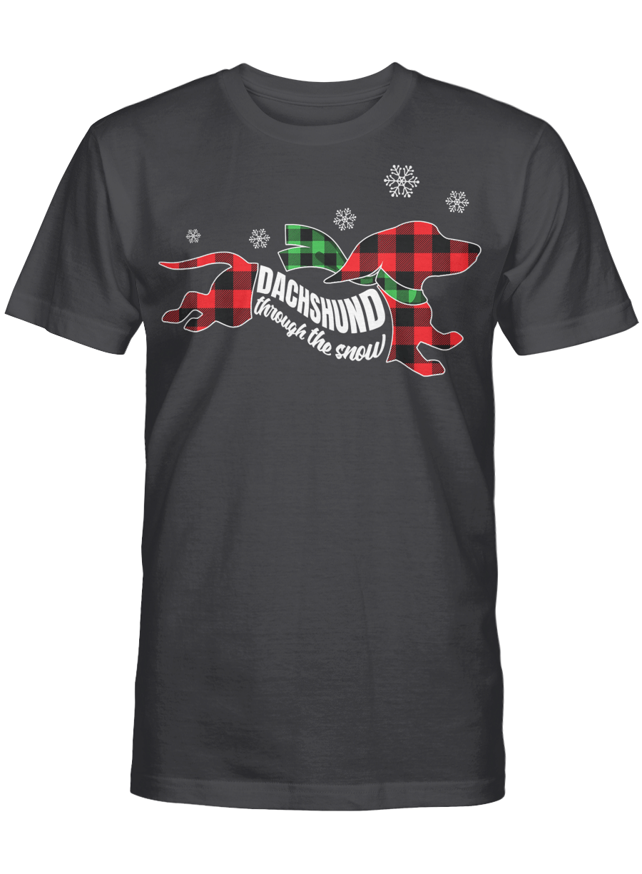 AmazeStyleZ Santa’s Reindeer, Ugly Christmas Sweater, Christmas Gift Ideas, Dachshund through the Snow Doxie Dog Plaid Christmas Gift T-Shirt