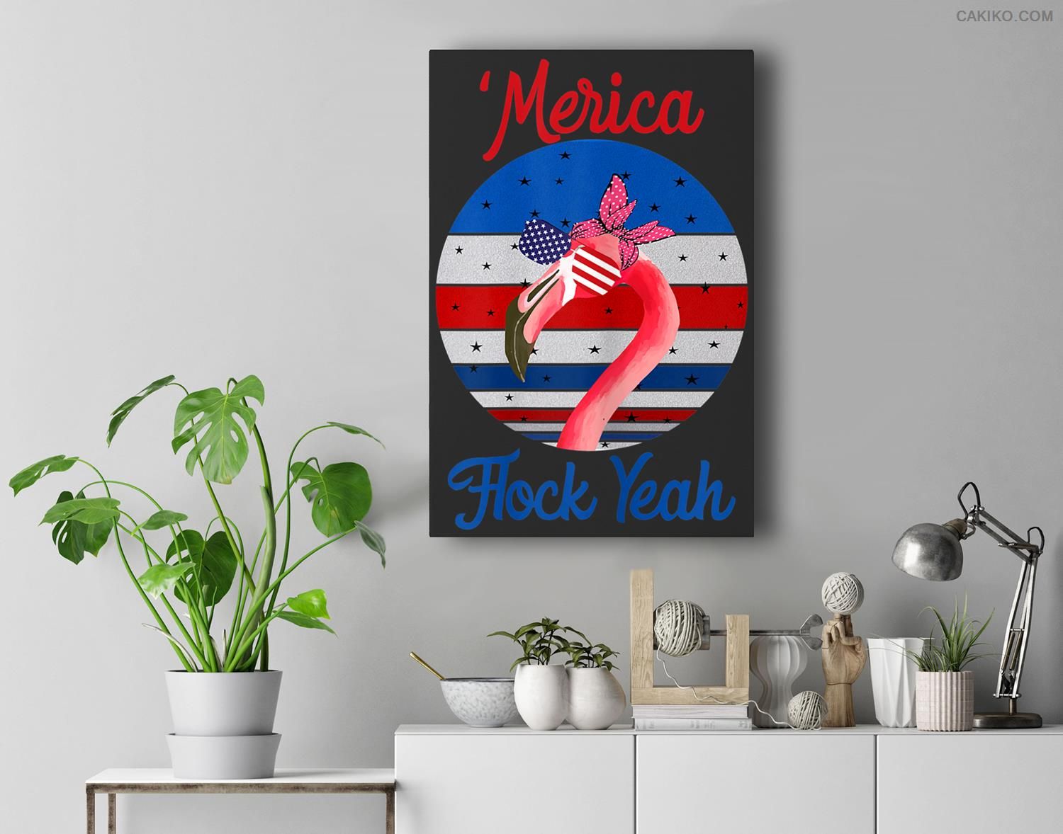 Womens ‘Merica Flock Yeah 4Th July Funny Patriotic Flamingo Premium Wall Art Canvas Decor