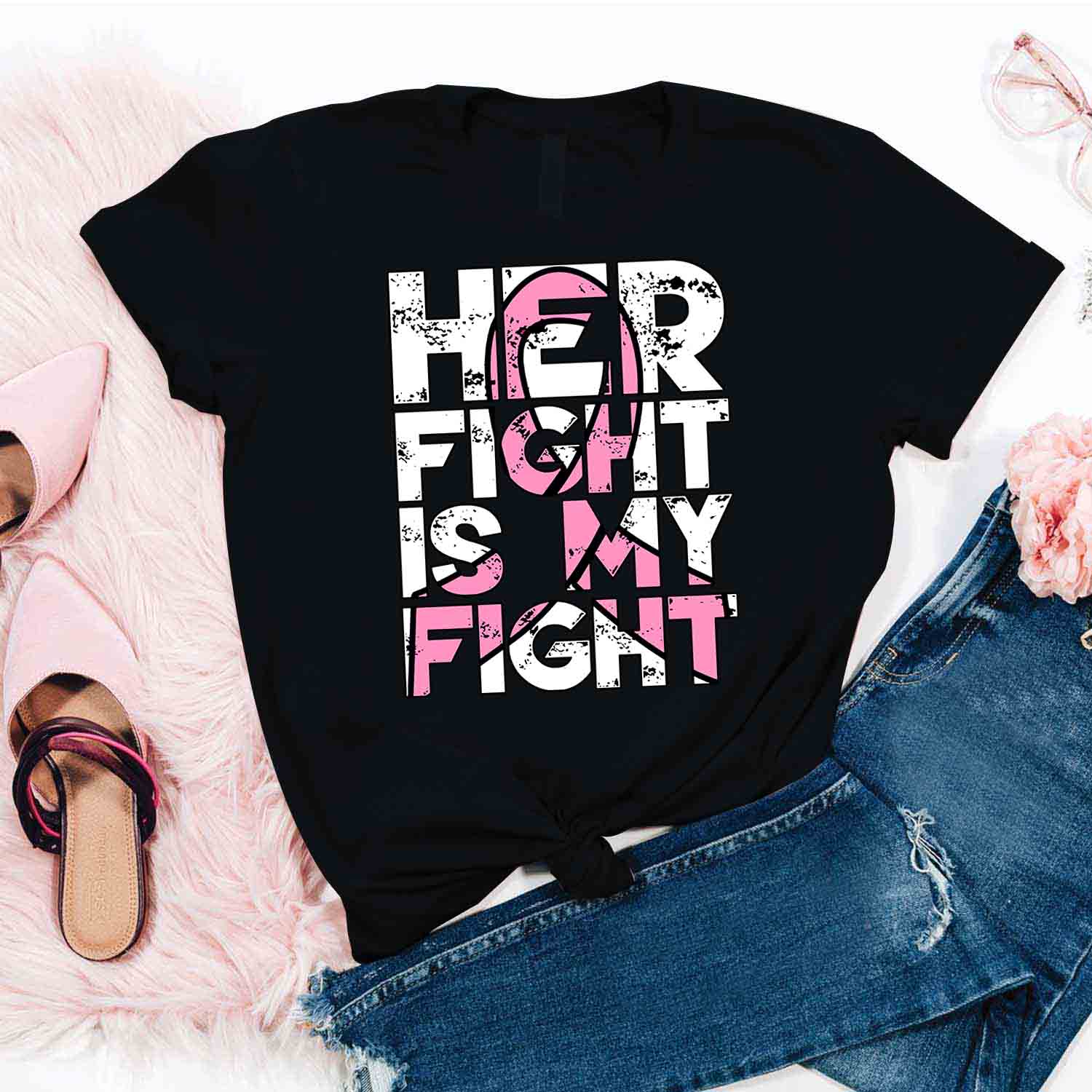 Her Fight Is My Fight Shirt – Breast Cancer Awareness T-Shirt Gifts For Mom Daughter Friends Hoodies Sweater Pink