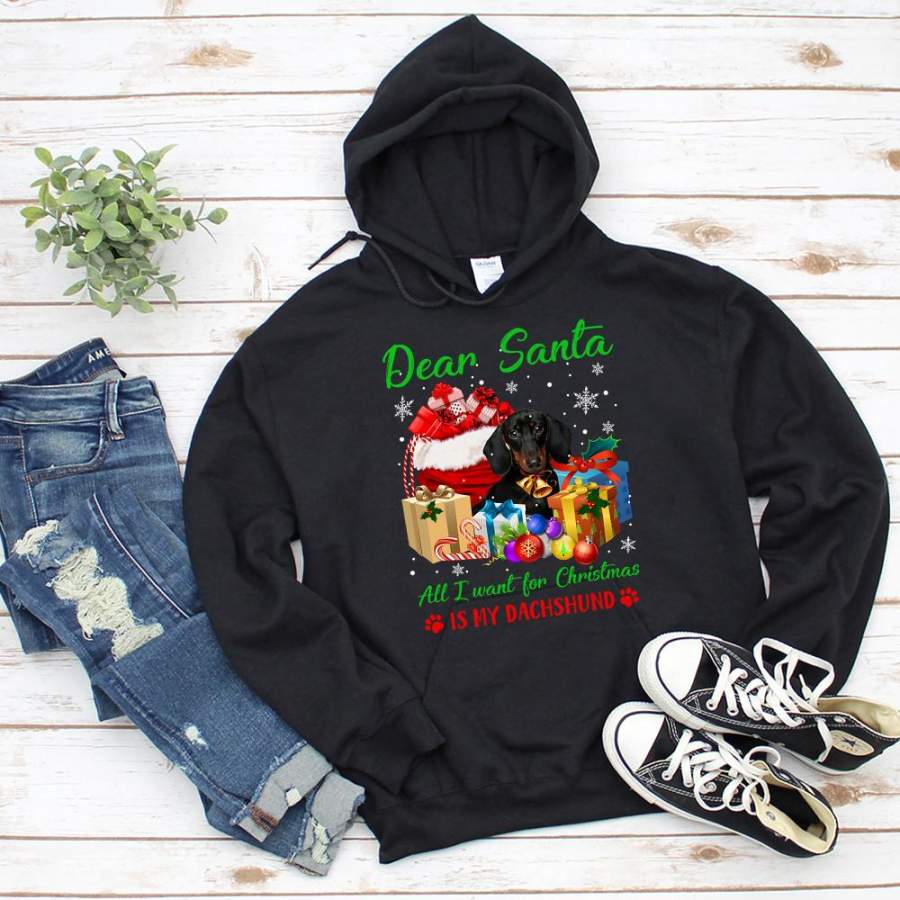 Dachshund i want for christmas candy cane ornament gifts happy holiday black hoodie for men and women S-5XL