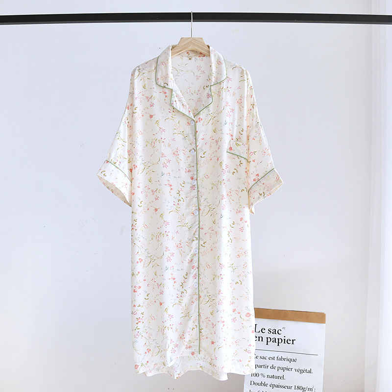 Women Summer Viscose Cardigan Nightdress Loose Women Short Sleeve Nightgown Cartoon Floral Print Sleep Dress Women Sleepwears alx