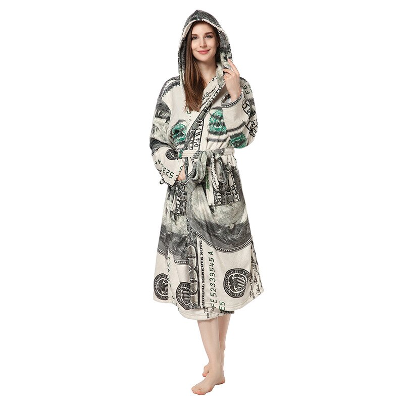 Women Flannel Bathrobe Winter Warm Fleece Hooded & Turn-down Collar Nightgown Fashion Printed Pajamas Loungewear Women Homewear alx