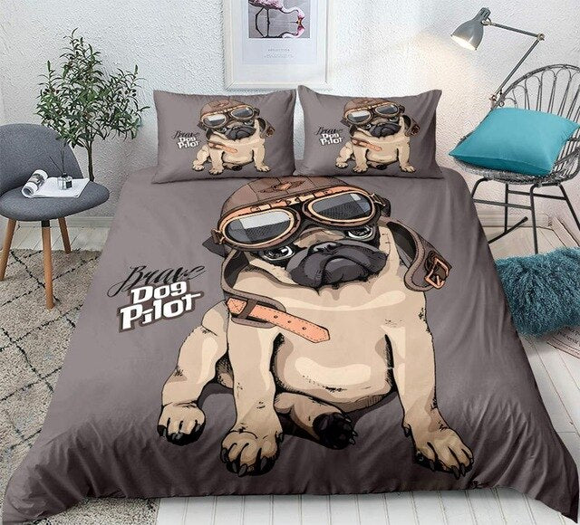 Cartoon Pug Dog 3D Pilot Biker Animals Duvet Cover Set, Microfiber Fabric Bedding