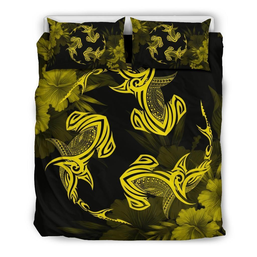 Alohawaii Bedding Set – Cover And Pillow Cases Hawaiian Hammerhead Shark Hibiscus Yellow Polynesian – Ah – J4