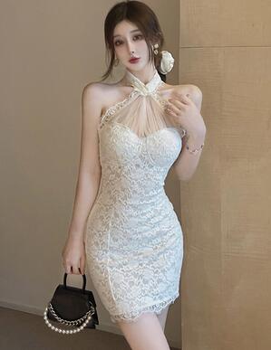 B5321 2022 Summer new women fashion temperament sexy backless lace slim wrap buttock dress cheap wholesale alx