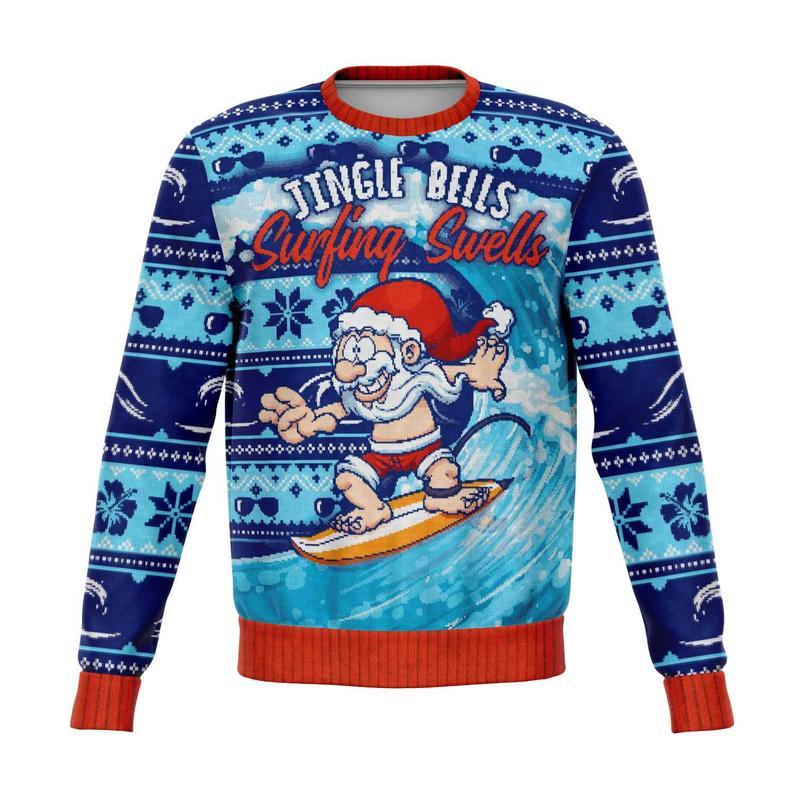 W Surfing Santa, Ugly Christmas, Sweater Jumper, Jingle Bells, Surfing Swells, Funny Christmas Gift, Surfer Gift, Surf Lover Chic