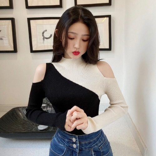 Spring Women Long Sleeve Black Patchwork Knitted Ribbed Pull Sexy Sweater Cold Shoulder Off Top Femme Pullover Clothes Jersey alx