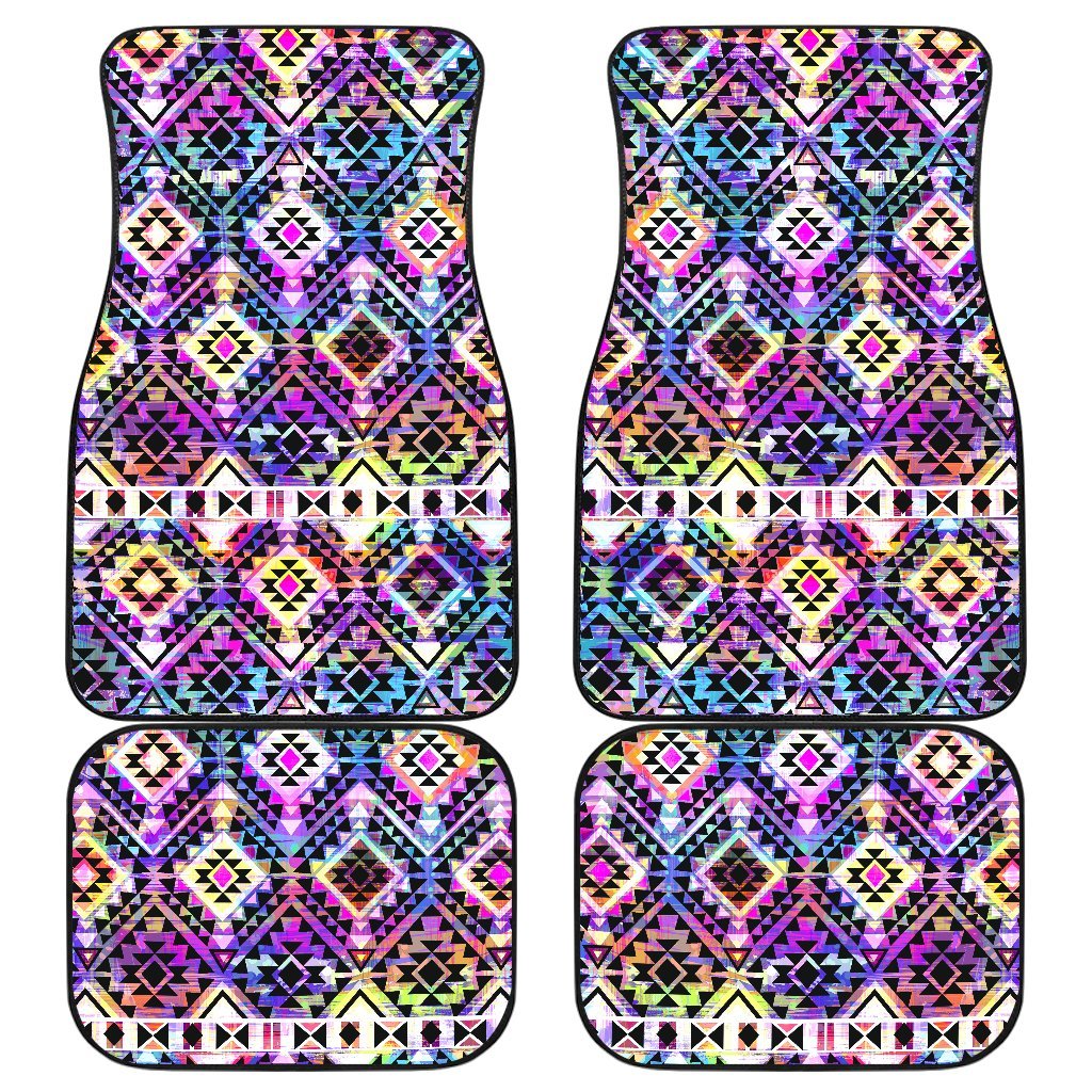 Colorful Aztec Pattern Print Front And Back Car Floor Mats, Front Car Mat