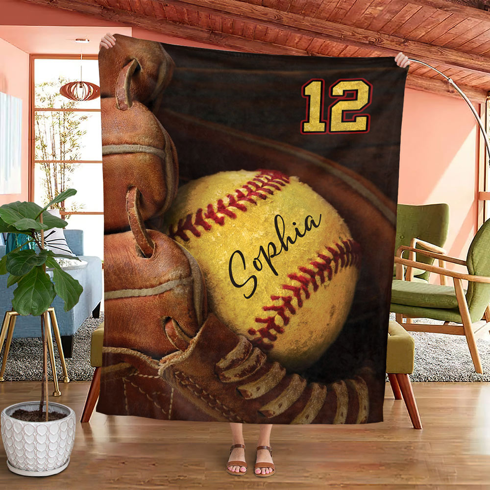 Personalized Name And Number Softball Blanket Gift For Daughter From Mom Dad Softball Daughter Blanket, Softball Lover Blanket Gifts