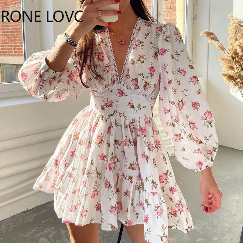 Women Floral V neck Puff Sleeve Lace Sweet Short Dress alx