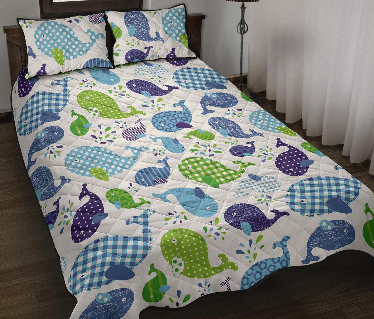 Whale Stripe Dot Pattern Quilt Bed Set