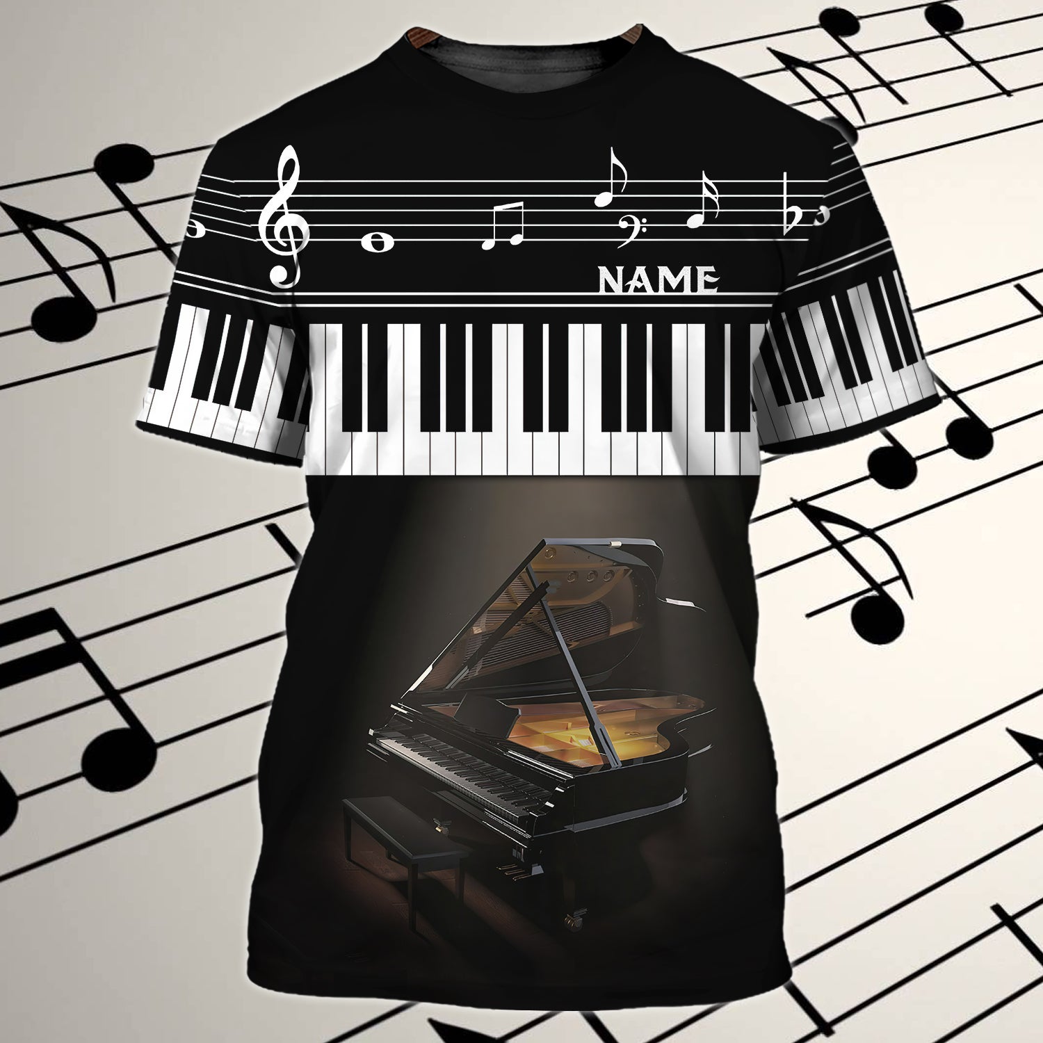 Personalized 3D All Over Print Piano Shirt With Black Piano Background, Gift For Piano Lovers