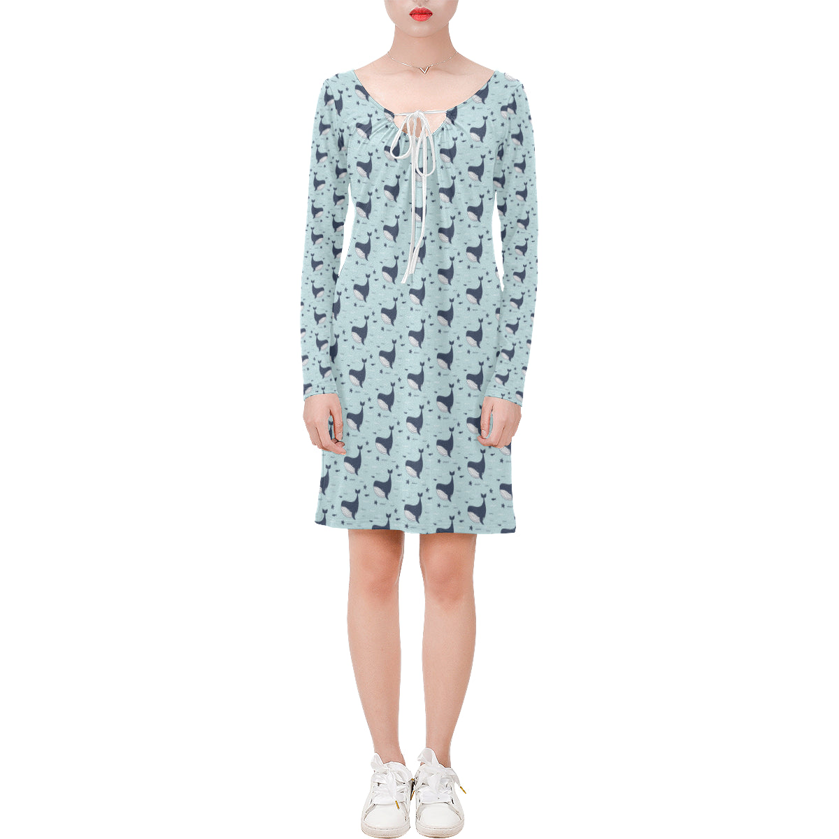 Whale Cute Design Themed Print Long Sleeves Dress