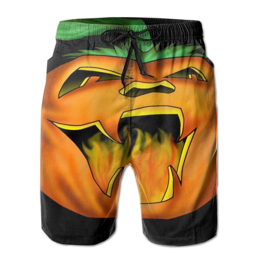 2 Pack Fanged Fire Jack O’ Lantern Pumpkin Halloween Horizontal Poster Men Swim Trunks Drawstring Elastic Waist Quick Dry Beach Shorts with Mesh Lining Swimwear Bathing Suits