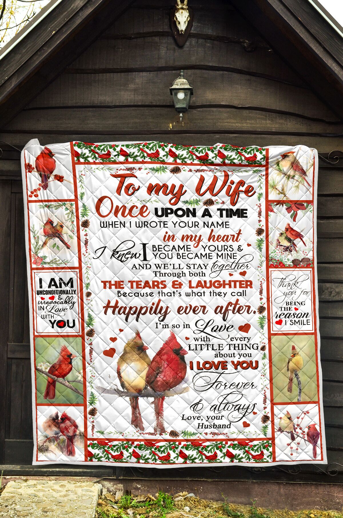 ViticStore™ Ever After Couple of Birds White Shade & Red Detail- Cotton Kingsize Quilt for Wife