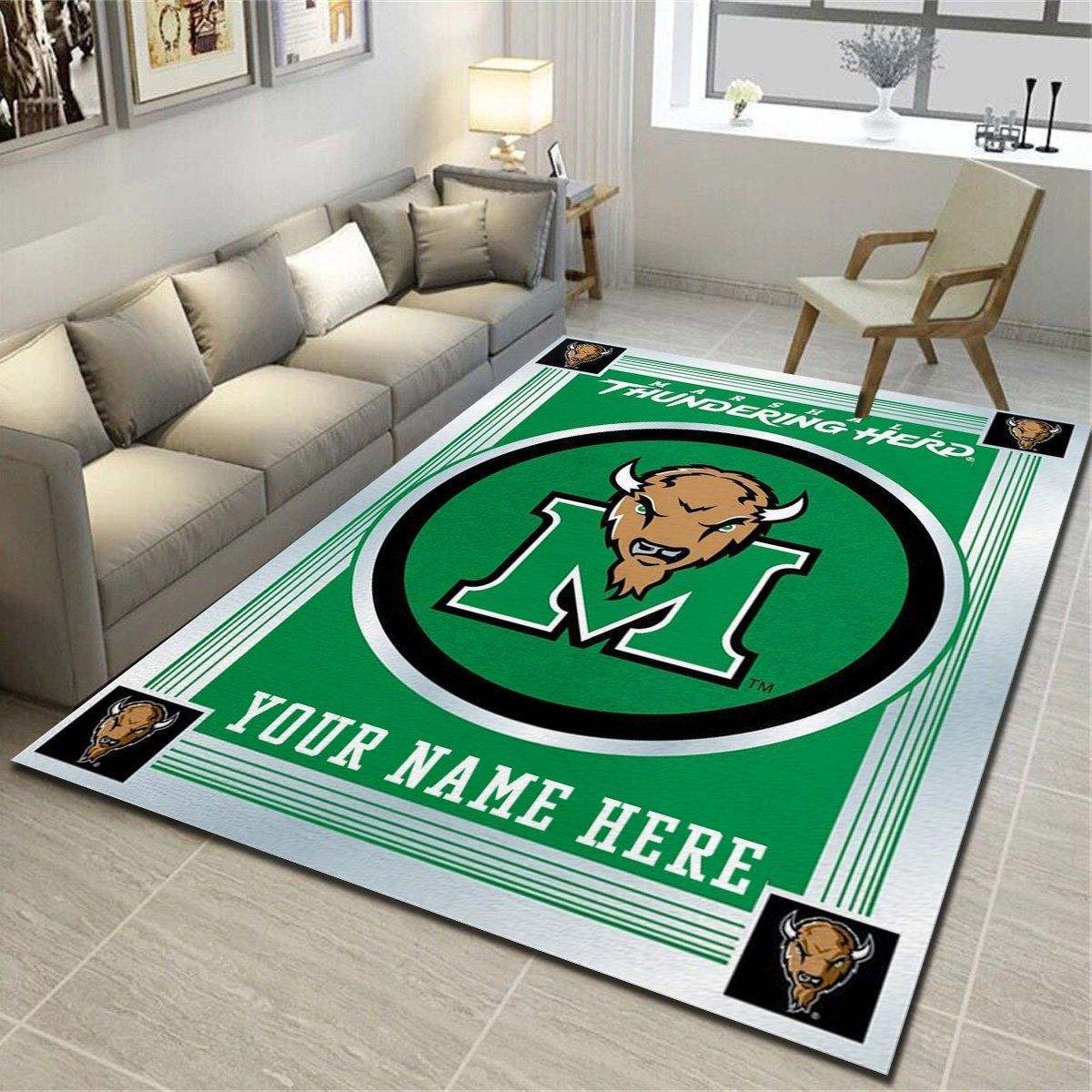 Marshall Thundering Herd Personalized Rug, Team Living Room Bedroom Carpet, Customized Fan Cave Floor Mat