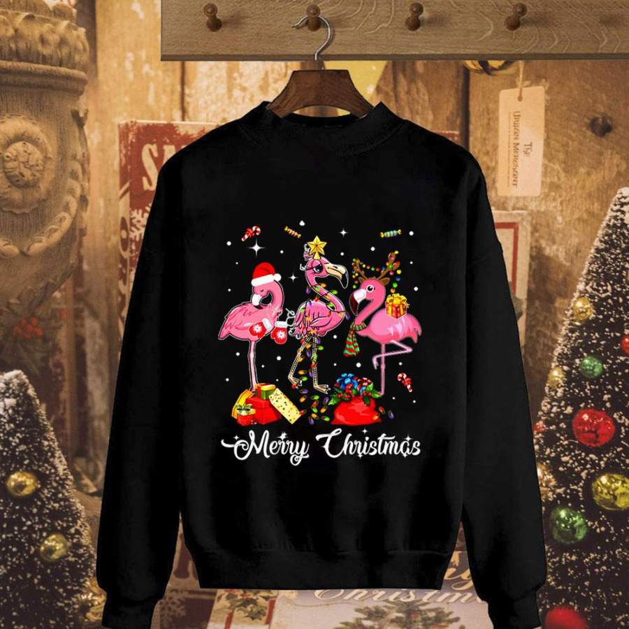 Christmas cute flamingo merry christmas colorful light santa hat candy cane gift black sweatshirt for men and women S-5XL