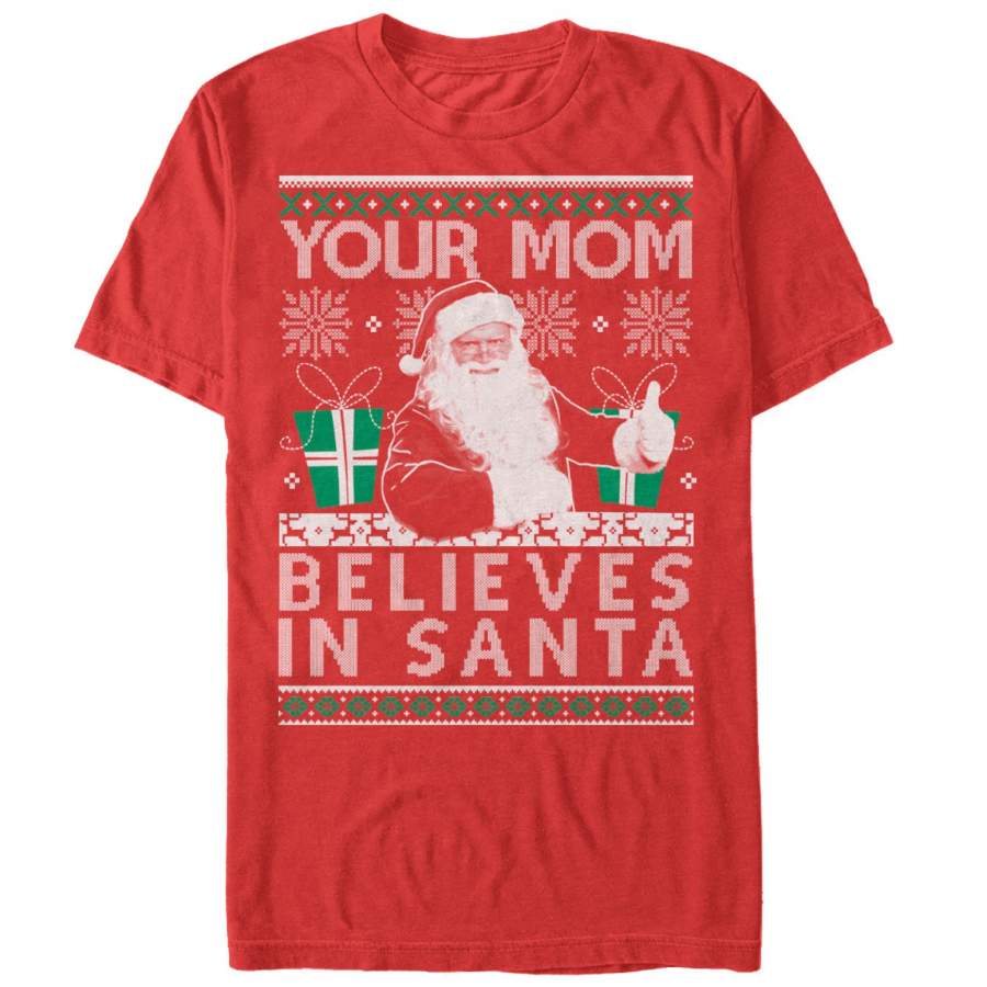 LOST GODS Men’s Christmas Your Mom Believes in Santa T-Shirt