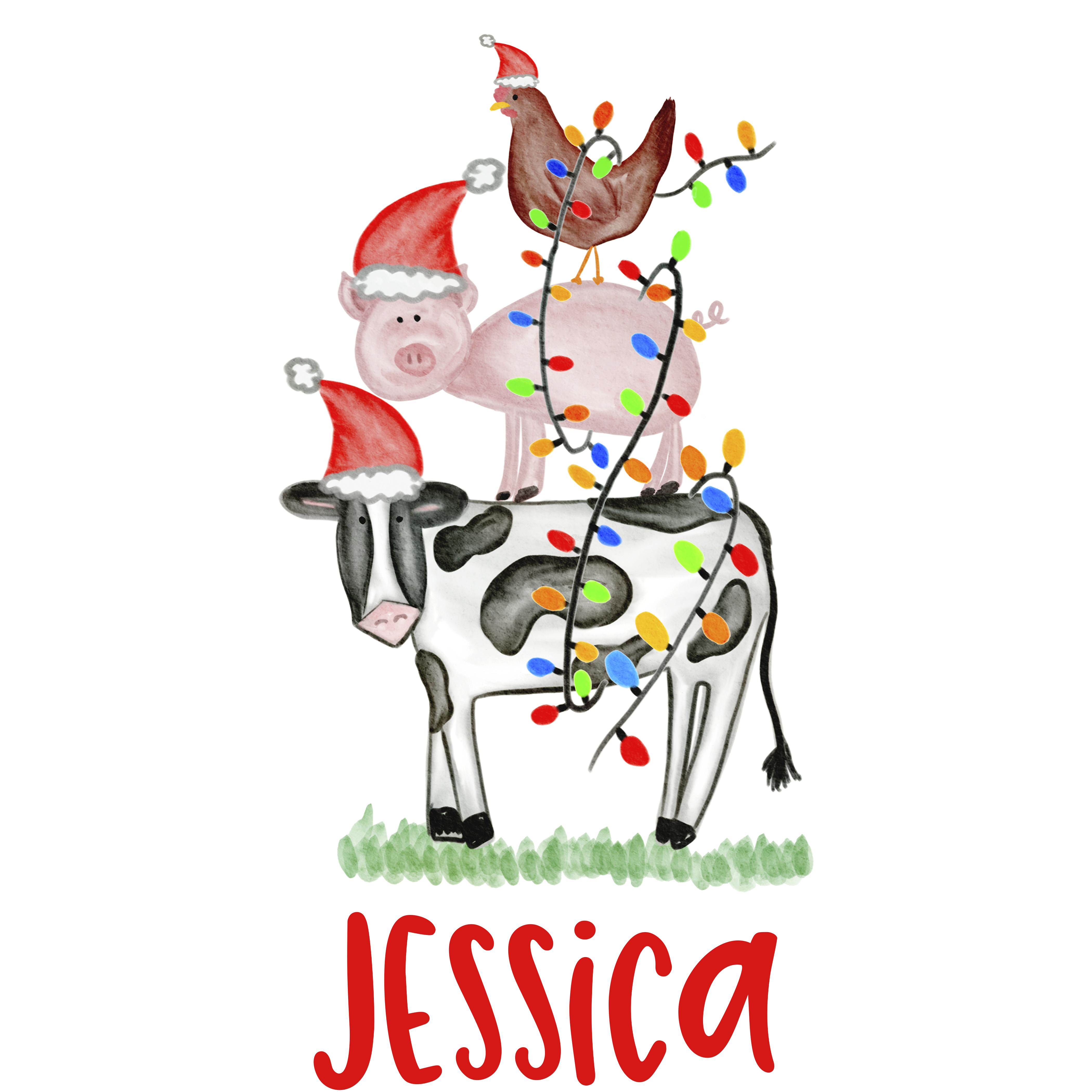 Stacked Farm Animals With Christmas Lights Printed Shirt