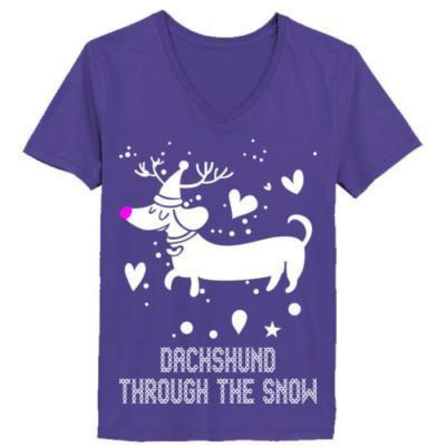 AGR Dachshund Through The Snow Xmas Ugly Christmas Sweater – Ladies’ V-Neck T-Shirt