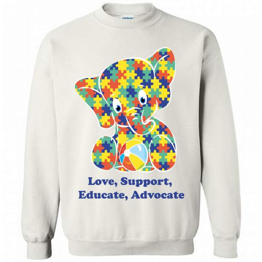 Autism Elephant Strong Love Support Educate Advocate – Gildan Crewneck Sweatshirt