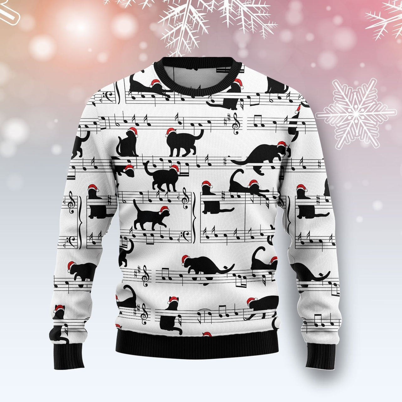 Black Cat Christmas Music Ugly Christmas Sweater | For Men & Women | Adult | Us1241