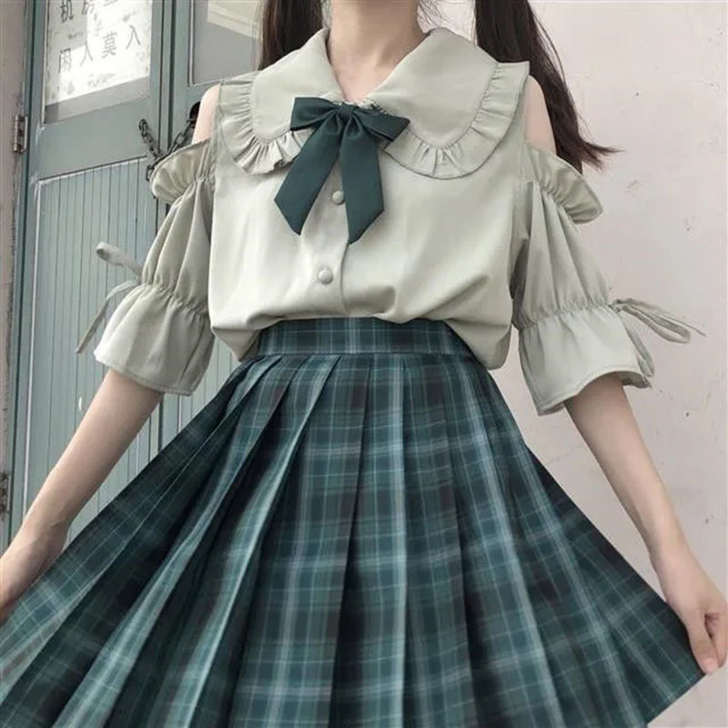 Student Loose Design Sense Versatile Off-The-Shoulder Shirt + Plaid Pleated Skirt College Style Two-Piece Suit /Set Tops Skirts alx