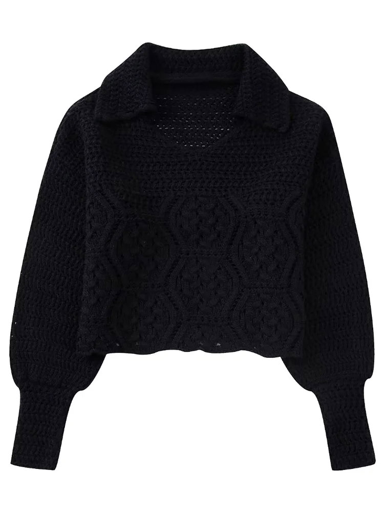 WESAY JESI Women’s Fashion Polo Collar Knit Sweater Pullover Vintage Black Long Sleeve Cropped Loose Pullovers Female Chic Tops alx