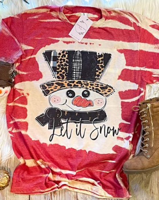 Snowman Let It Snow Leopard Plaid Bleached Dye Canvas Girlie T Shirt