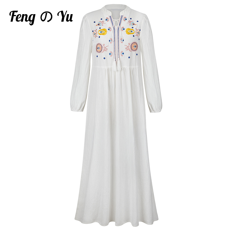 Autumn Fashion Ladies Muslim V-neck Embroidered Bohemian Skirt Arabian White Linen Robe Arabian Dubai Long Sleeve Clothing alx