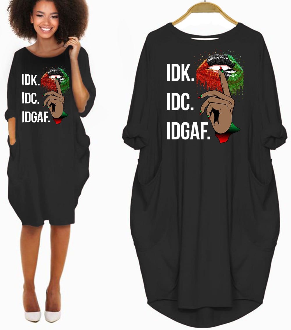 African American Dresses Women Funny IDK IDC IDGAF Shirt Melanin Long Sleeve Pocket Dress Afrocentric Clothing for Her Black History Gift Ideas