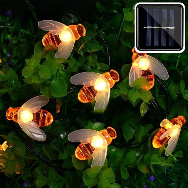 New Solar Powered Cute Honey Bee Led String Fairy Light 20Leds 50Leds Bee Outdoor Garden Fence Patio Christmas Garland Lights Alx