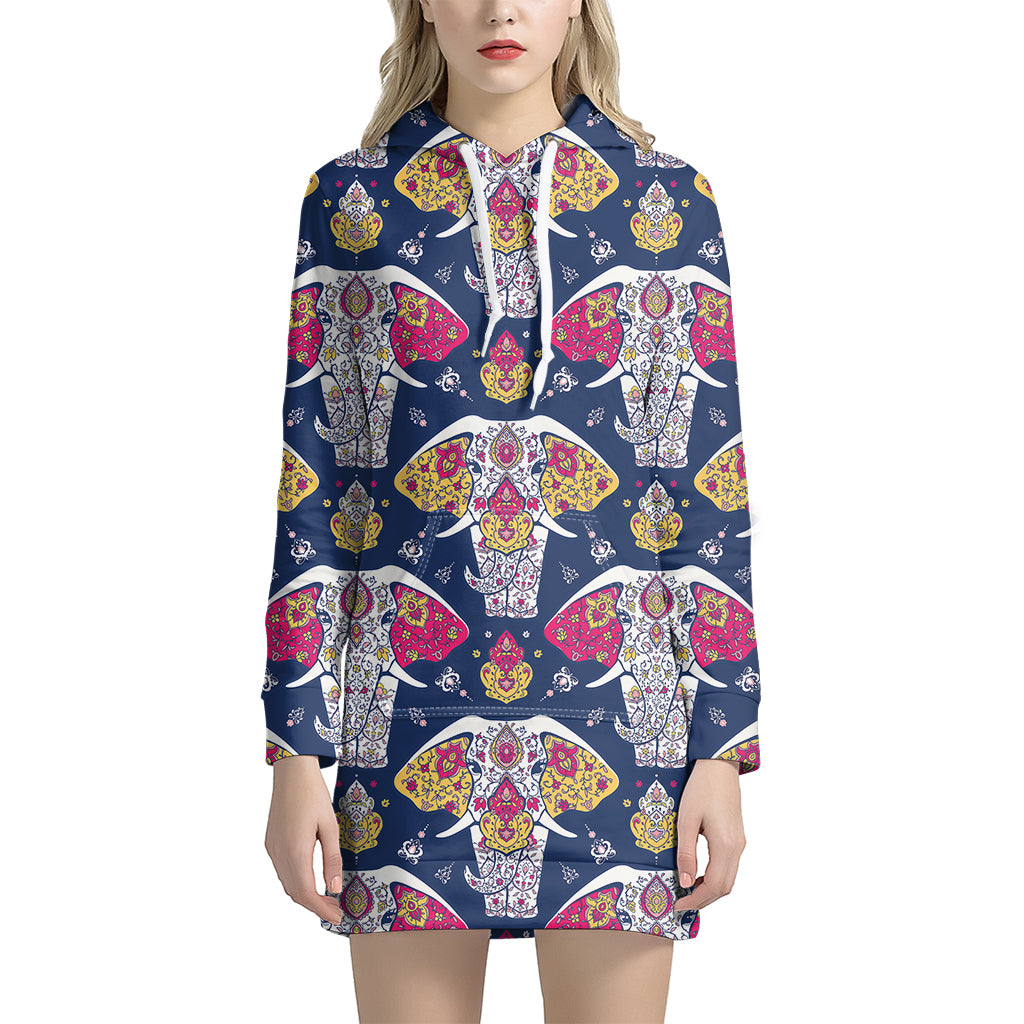 Indian Floral Elephant Pattern Print Women’S Pullover Hoodie Dress