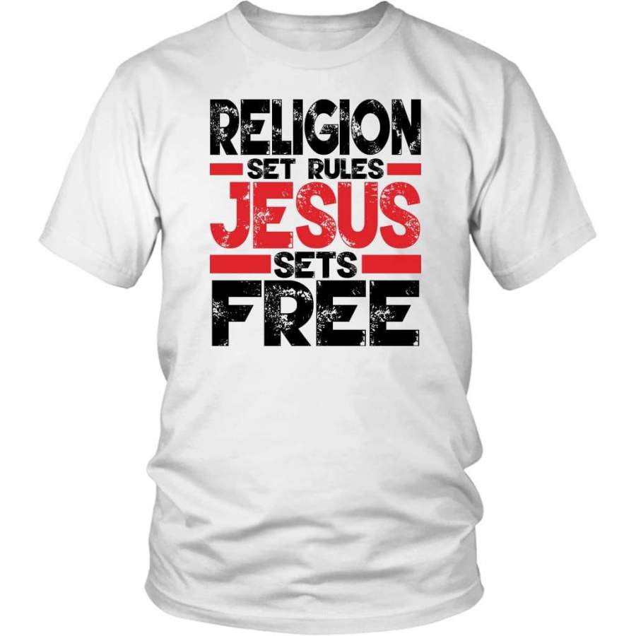 Religion sets rules Jesus sets free christian t-shirt | Jesus shirts