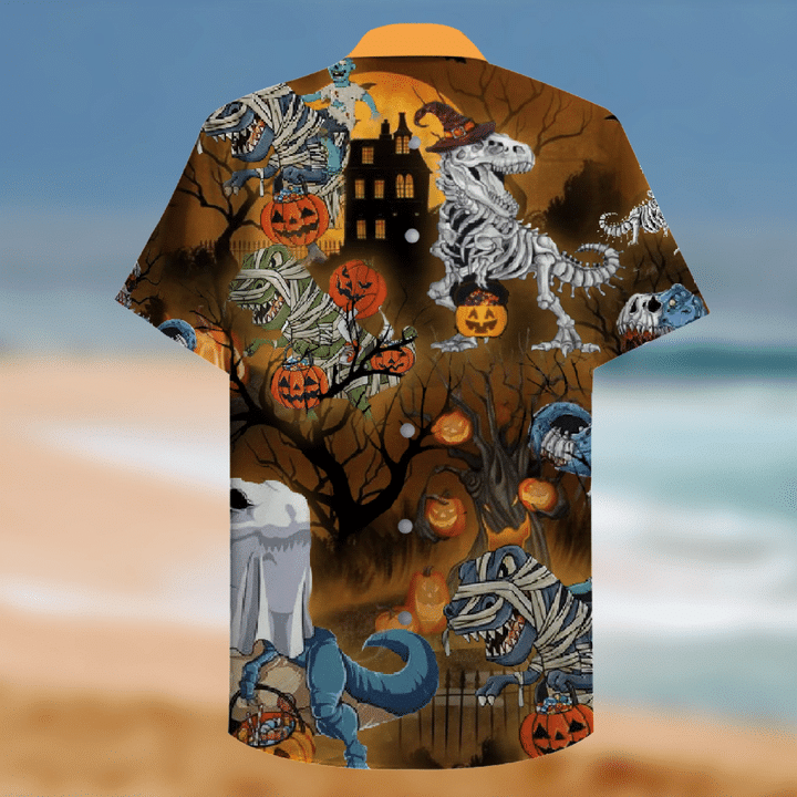 Amazing Halloween Dinosaur Pumpkin Print Polyester Hawaii Aloha Shirts Ha68391