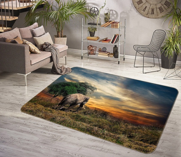 3D Elephant On Dry Meadow At The Sunset Area Rug Home Decor