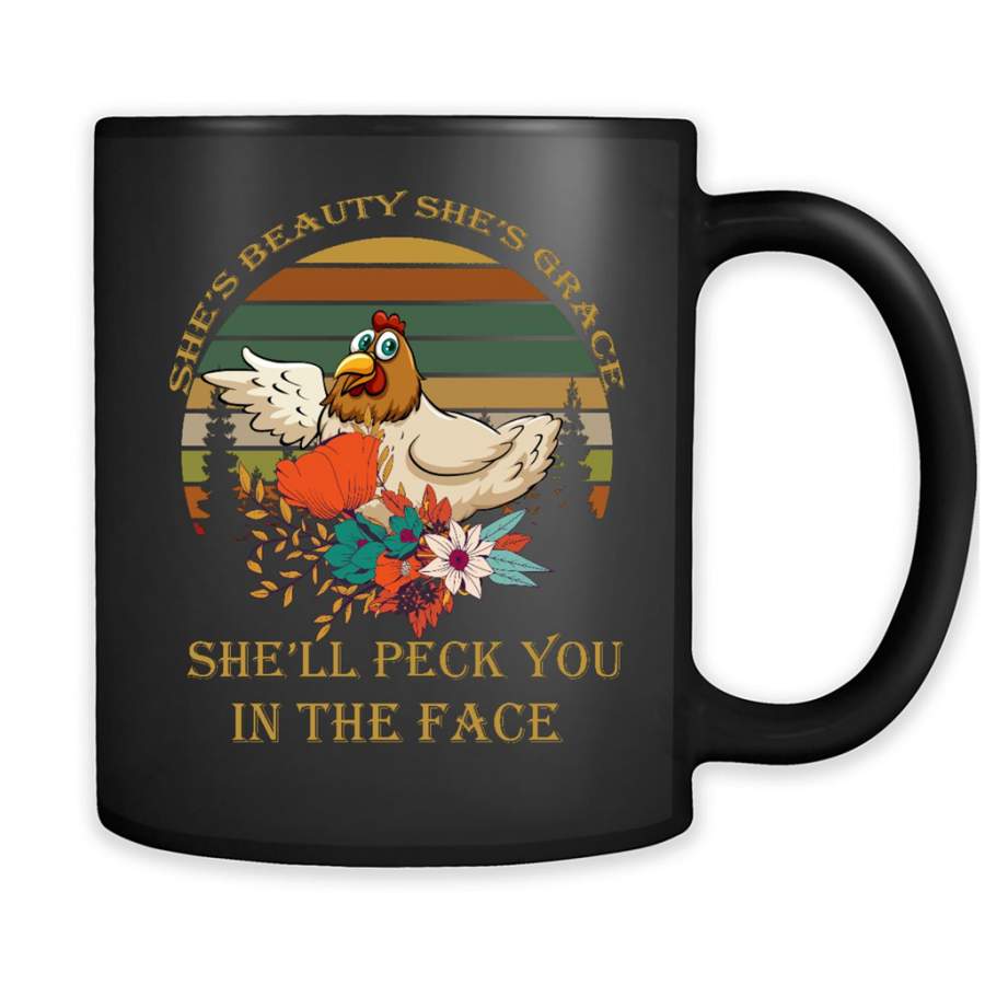 She’s Beauty She’s Grace She’ll Peck You In The Face, Chicken Vintage Retro Design – Full-Wrap Coffee Black Mug