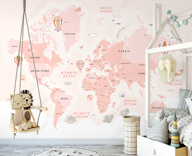 3D Pink Marine Animals Map World Wall Mural Wallpaper Sww4751