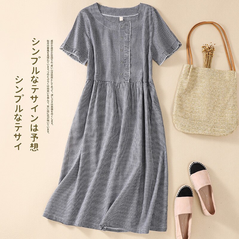 2022 New Arrival Patchwork Korea Design Chic Girl’s Cotton Linen Fashion Plaid Summer Dress Women Casual Dress Lady Work Dress alx