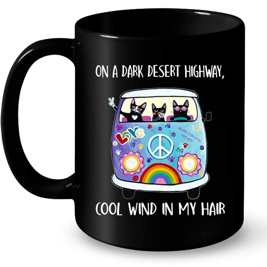 On A Dark Desert Highway Cool Wind In My Hair, Cat Funny Kitten, Peace Sign, Hippie Car B – Full-Wrap Coffee Black Mug