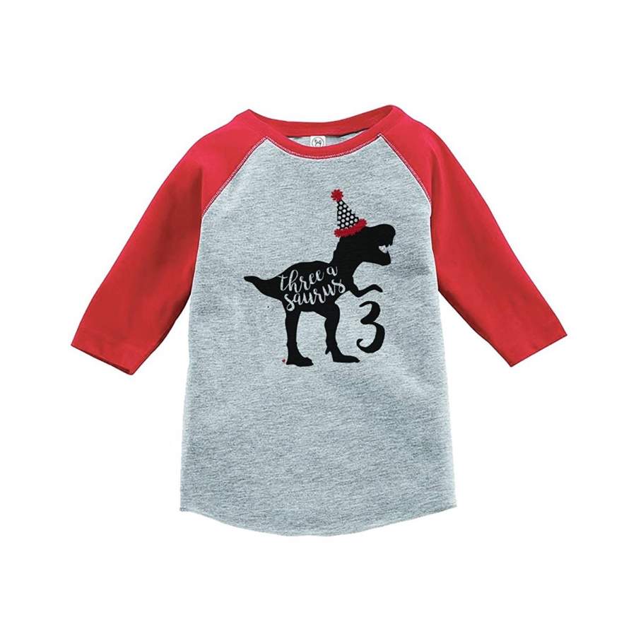 7 ate 9 Apparel Three Third Birthday Dinosaur Red Baseball Tee